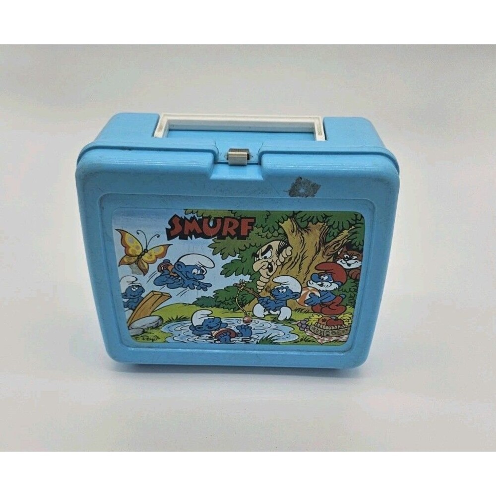 Vintage 80’s Smurfs Thermos Brand Blue Plastic Lunch Box With Yellow Thermos